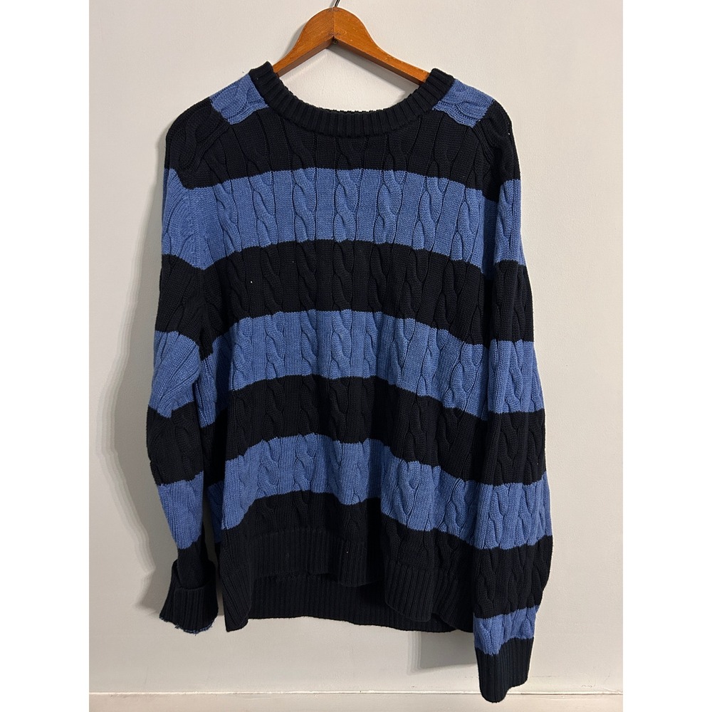 LL Bean Mens Large Cable Knit Sweater Blue Navy Striped Cotton Crewneck 285158